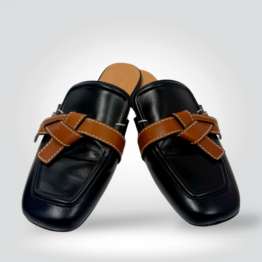 Loewe Toy mules black leather woven tan strap square toe size40 Good — Style Reissue Vancouver