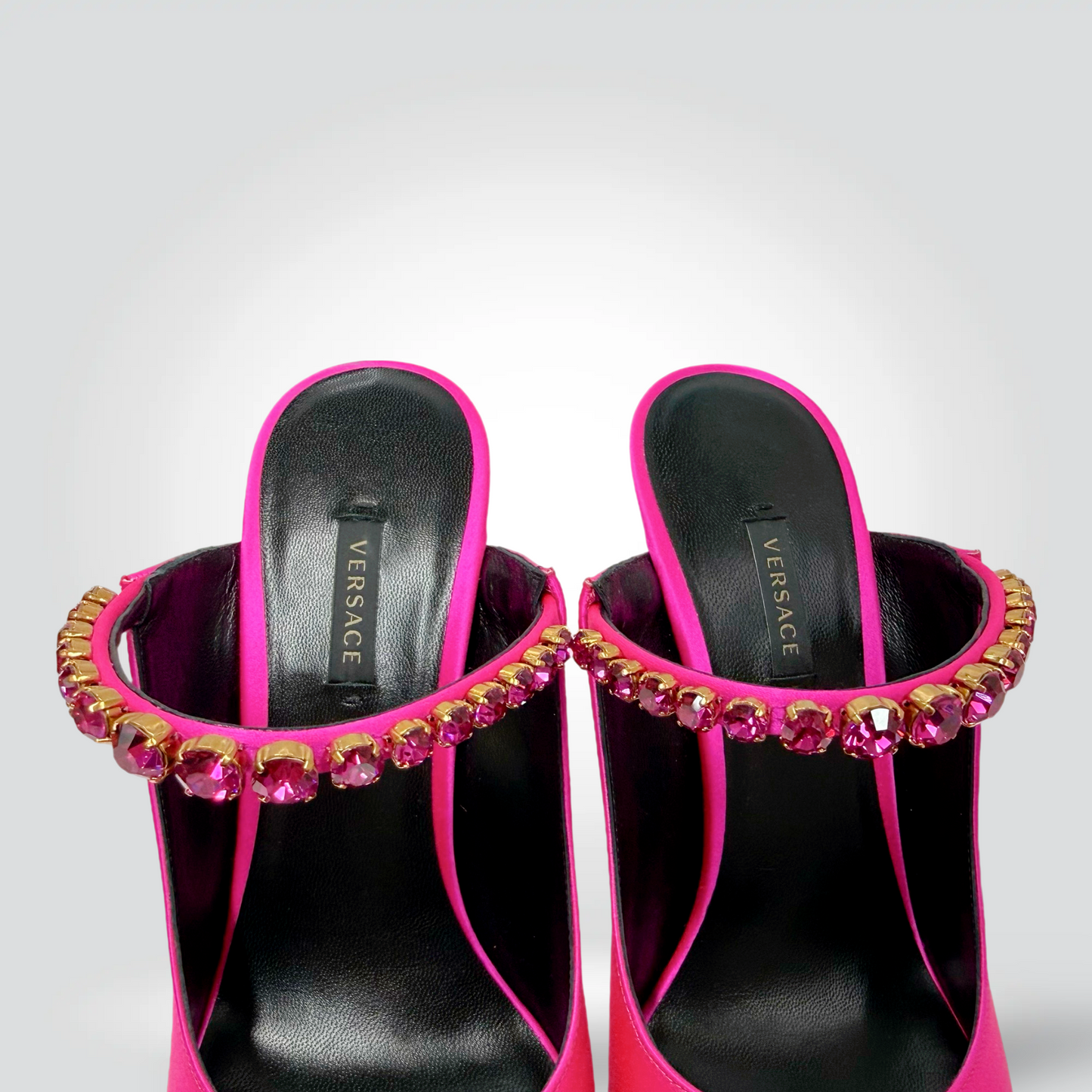 Versace Satin Stiletto Mules Hot Pink Crystal Jewelled Ankle Strap — Size 41— Never worn Style Reissue Vancouver