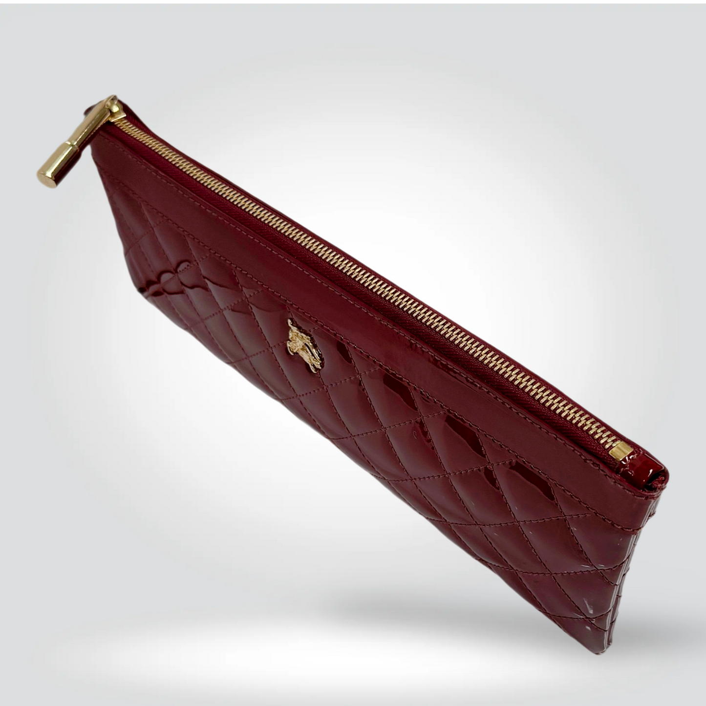 Burberry Quilted Patent Leather Zip Pouch Burgundy Red Gold Zip Equestrian Logo — Excellent Style Reissue Vancouver