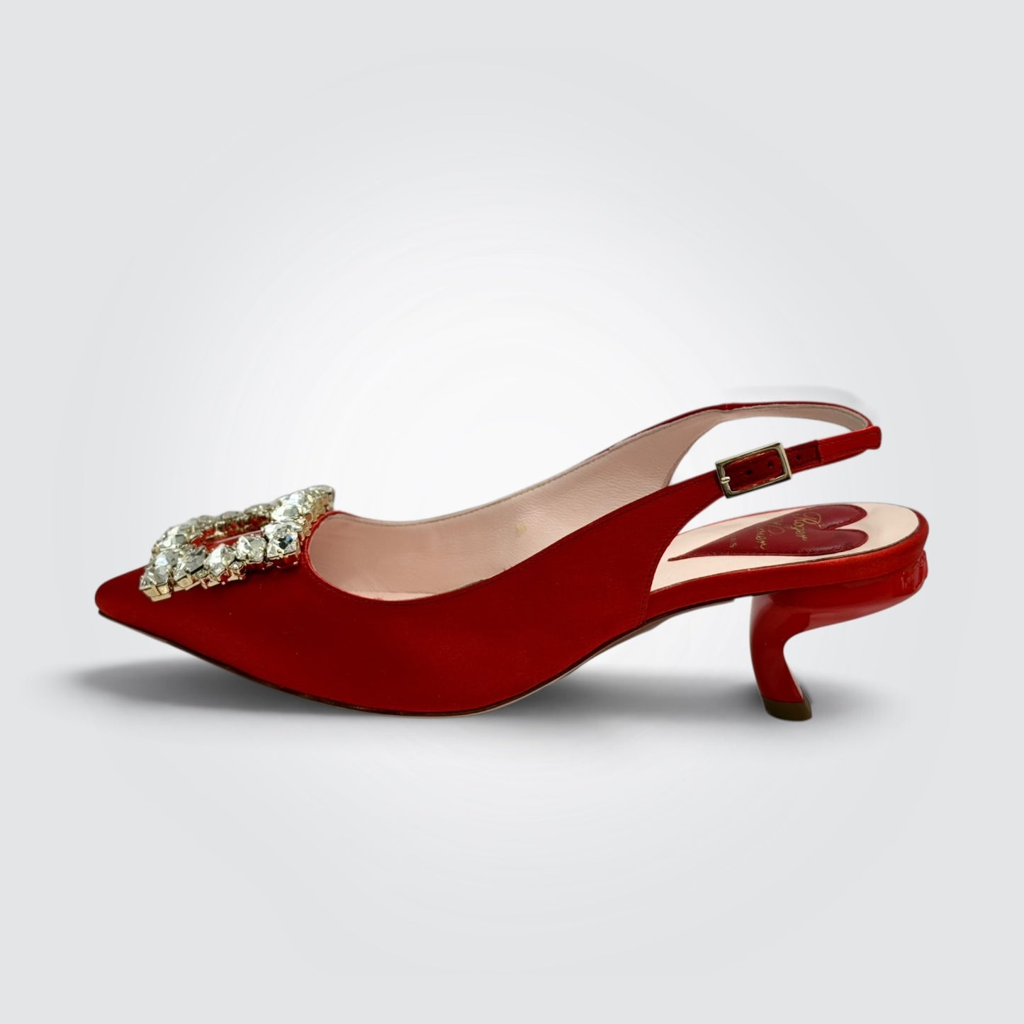 Pre-Owned Roger Vivier Efflorescence Red Satin Crystal Buckle Slingback Pumps