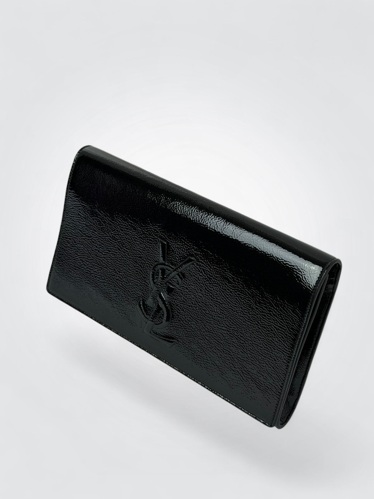 Pre-owned Yves Saint Laurent Belle de Jour clutch in crinkled patent leather with stitched YSL monogram on the front flap