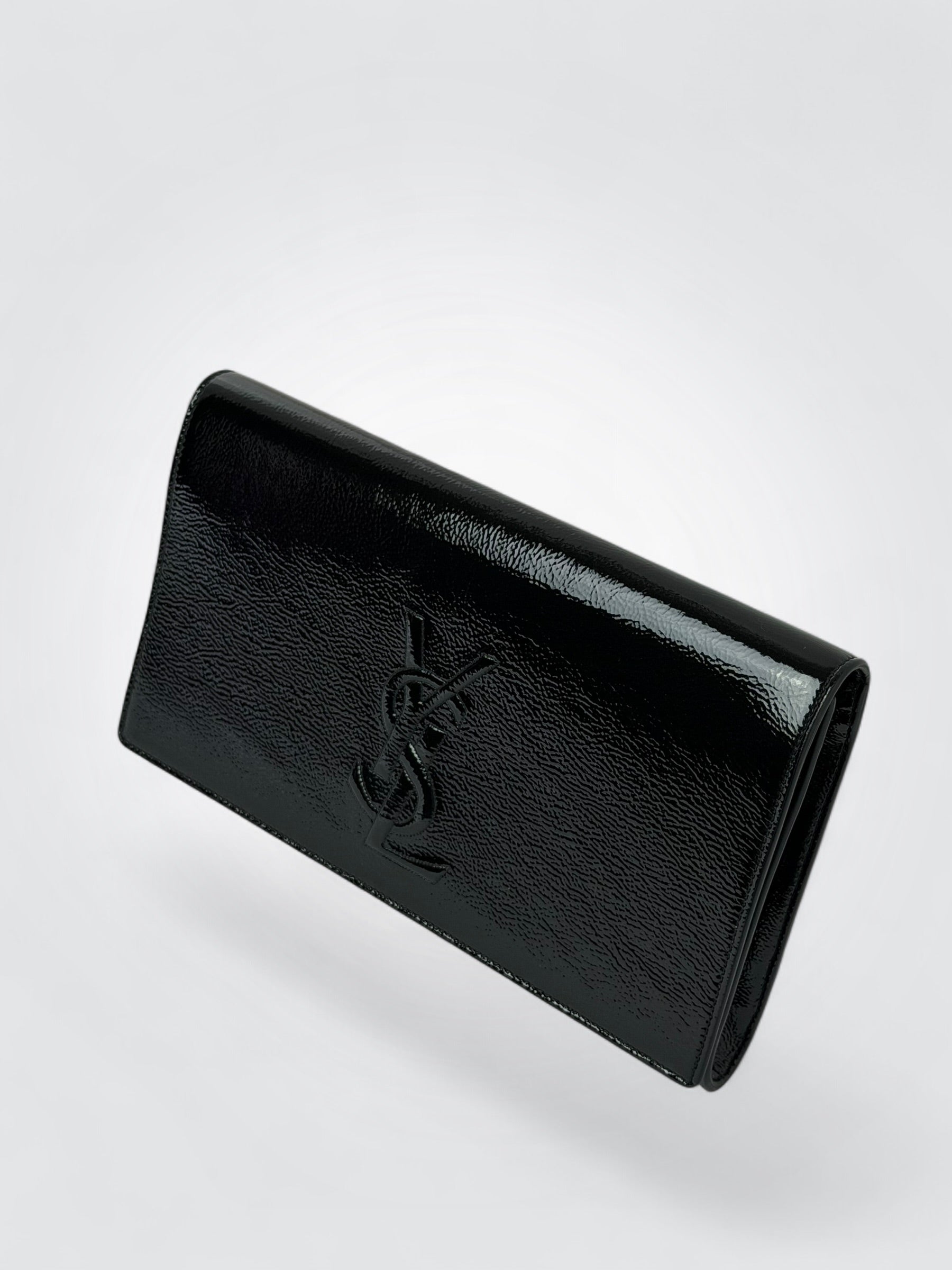 Pre-owned Yves Saint Laurent Belle de Jour clutch in crinkled patent leather with stitched YSL monogram on the front flap
