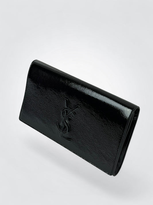 Pre-owned Yves Saint Laurent Belle de Jour clutch in crinkled patent leather with stitched YSL monogram on the front flap