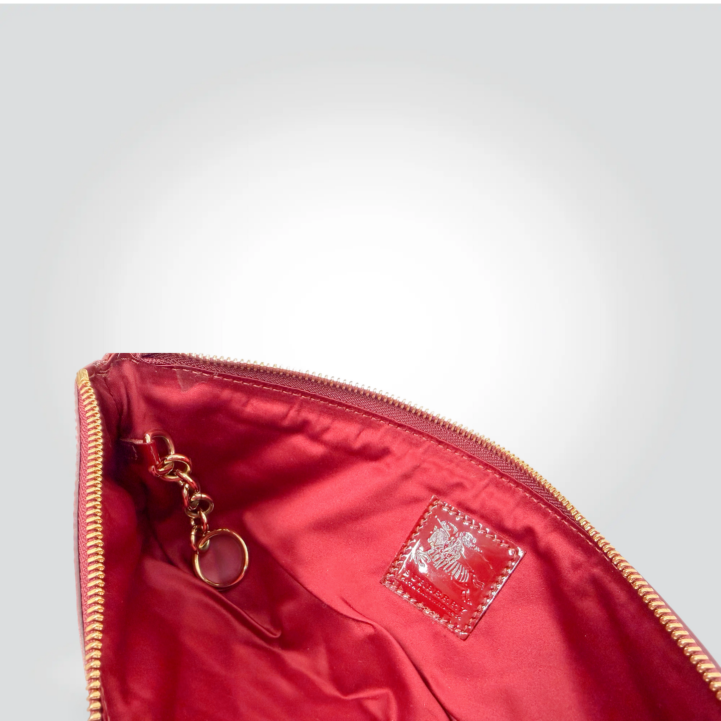Burberry Quilted Patent Leather Zip Pouch Burgundy Red Gold Zip Equestrian Logo — Excellent Style Reissue Vancouver