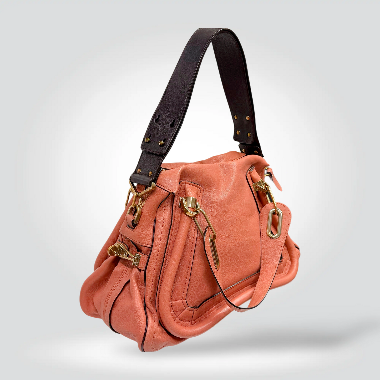 Chloé Paraty Bag Coral Salmon Pink Leather Gold Hardware Black Top Handle — [Very Good] | Style Reissue Vancouver