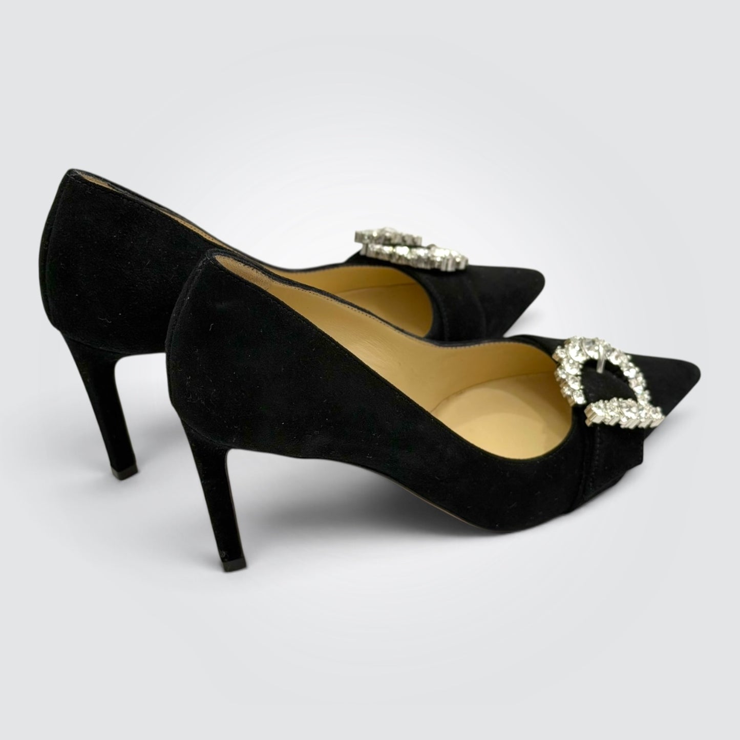 Pre-Owned Jimmy Choo Black Suede Crystal Buckle Pointed-Toe Pumps