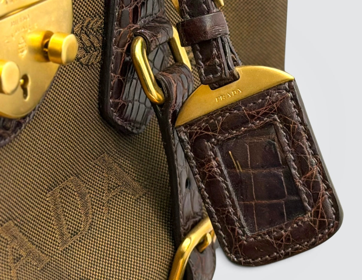 Pre-Owned Vintage Prada Canapa Brown Canvas Tote Bag with Crocodile-Embossed Leather Trim and Lock