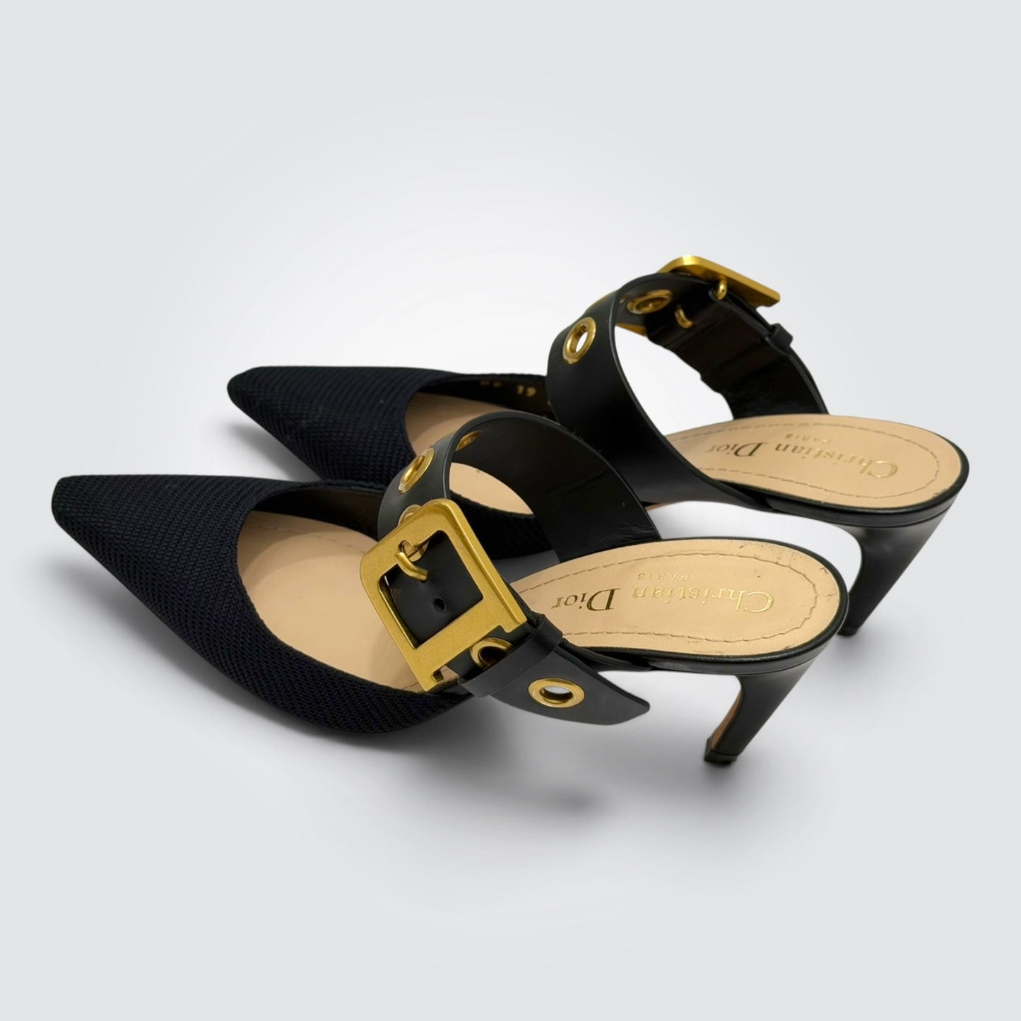 Pre-Owned Christian Dior Black Mesh Mule with Gold Grommet Buckle Strap
