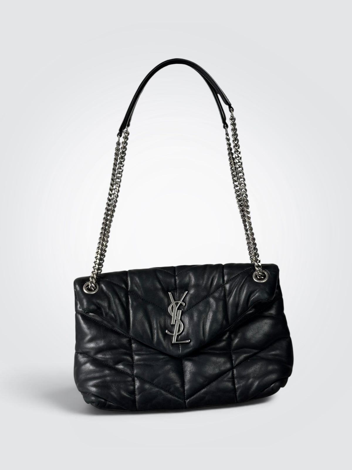 Pre-owned Saint Laurent Loulou Puffer medium shoulder bag in black lambskin with chevron quilting and silver-tone YSL hardware
