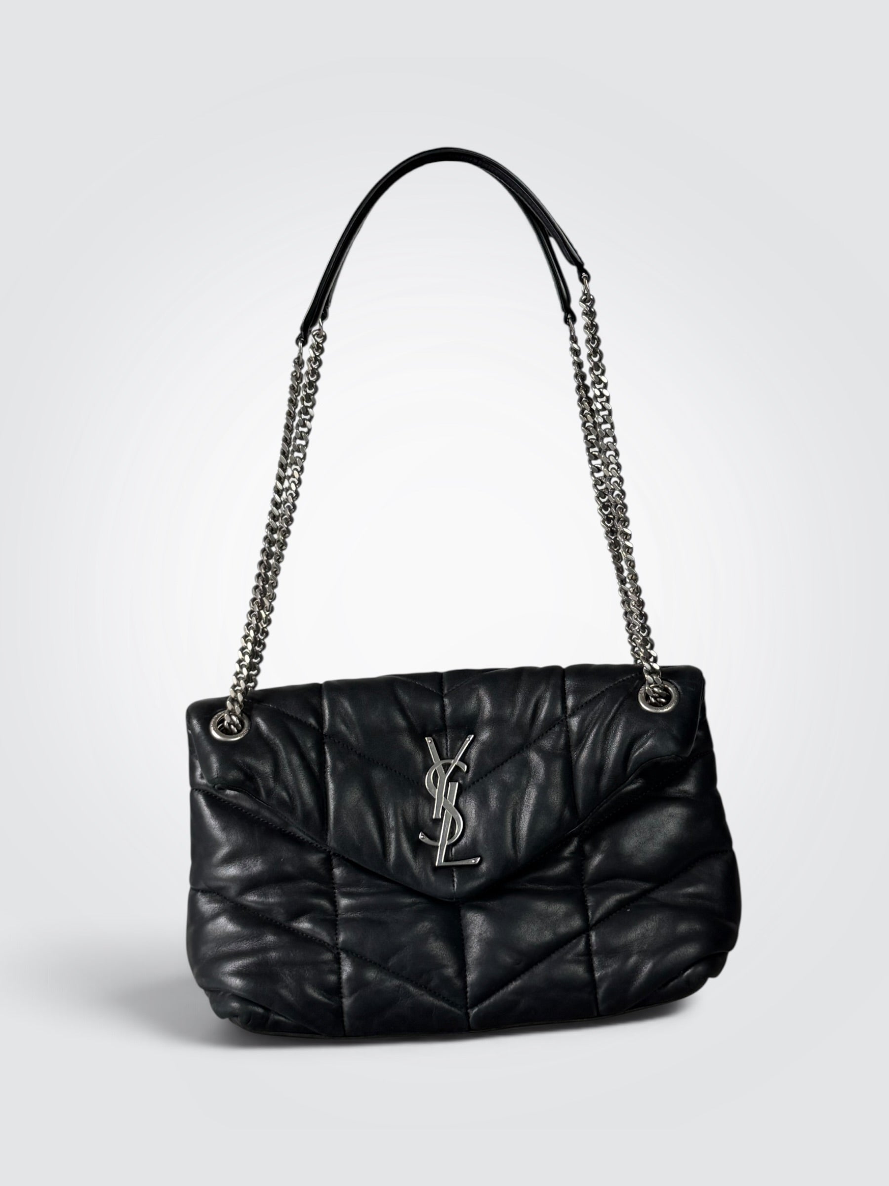 Pre-owned Saint Laurent Loulou Puffer medium shoulder bag in black lambskin with chevron quilting and silver-tone YSL hardware
