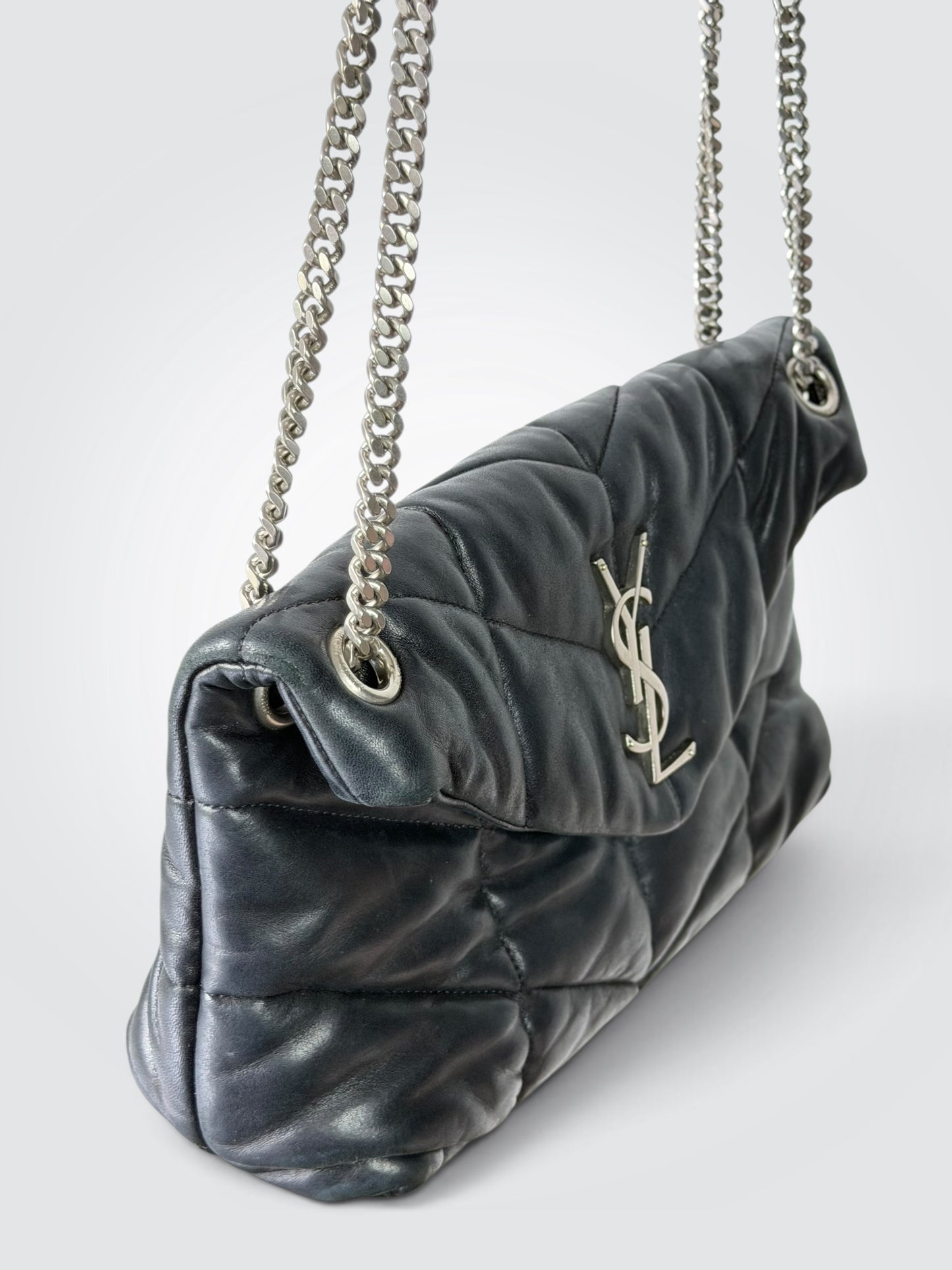 Pre-Owned Saint Laurent Loulou Puffer Medium Black Lambskin Shoulder Bag – Silver Hardware