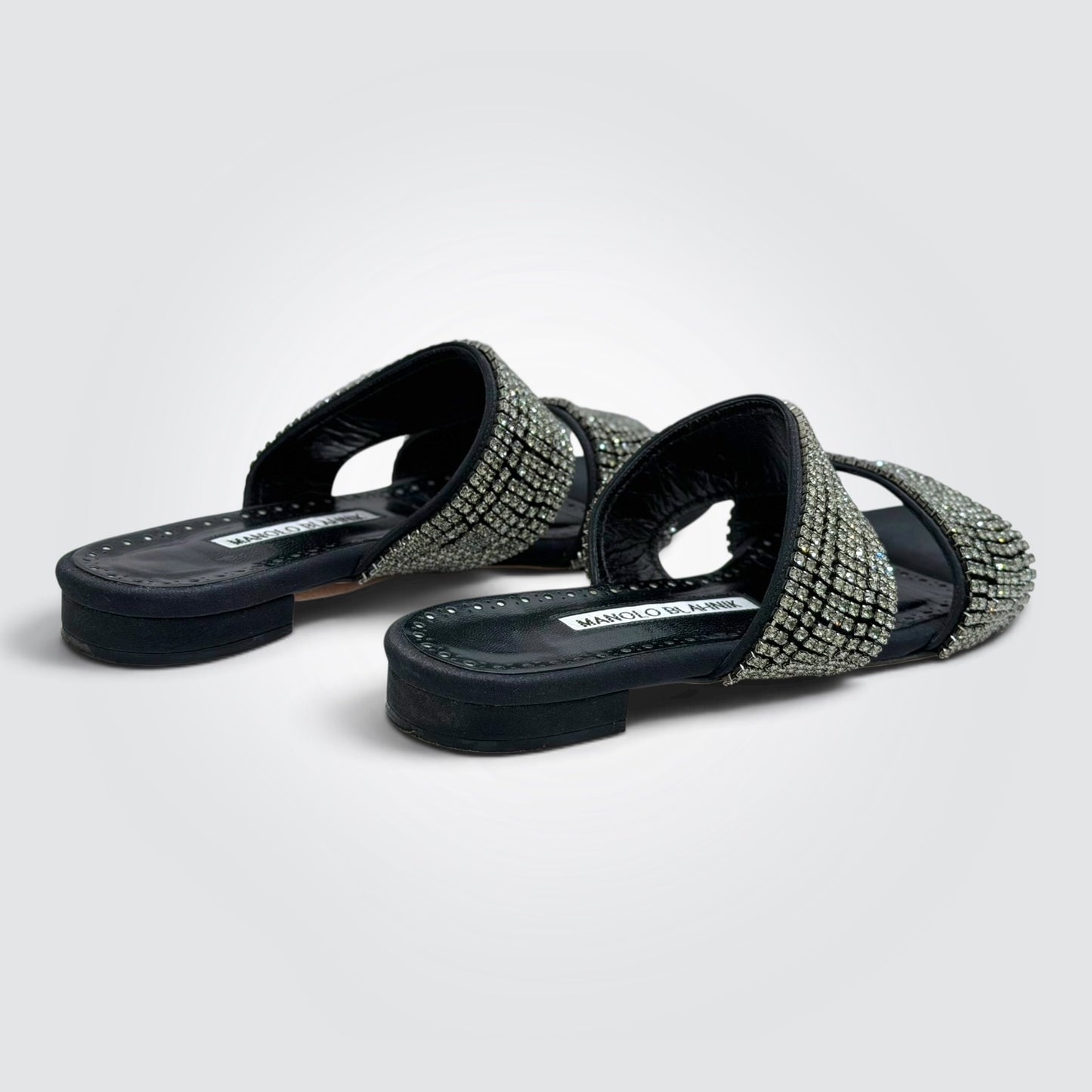 Pre-Owned Manolo Blahnik Martamod Black Crystal Embellished Flat Slide Sandals