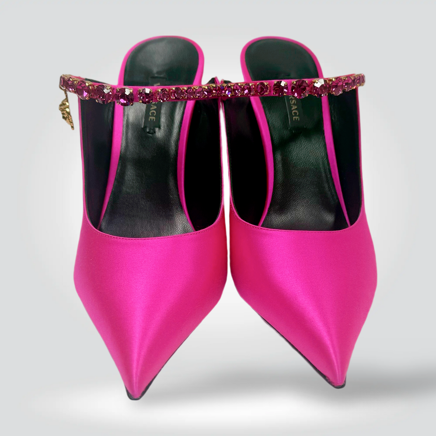 Versace Satin Stiletto Mules Hot Pink Crystal Jewelled Ankle Strap — Size 41— Never worn Style Reissue Vancouver