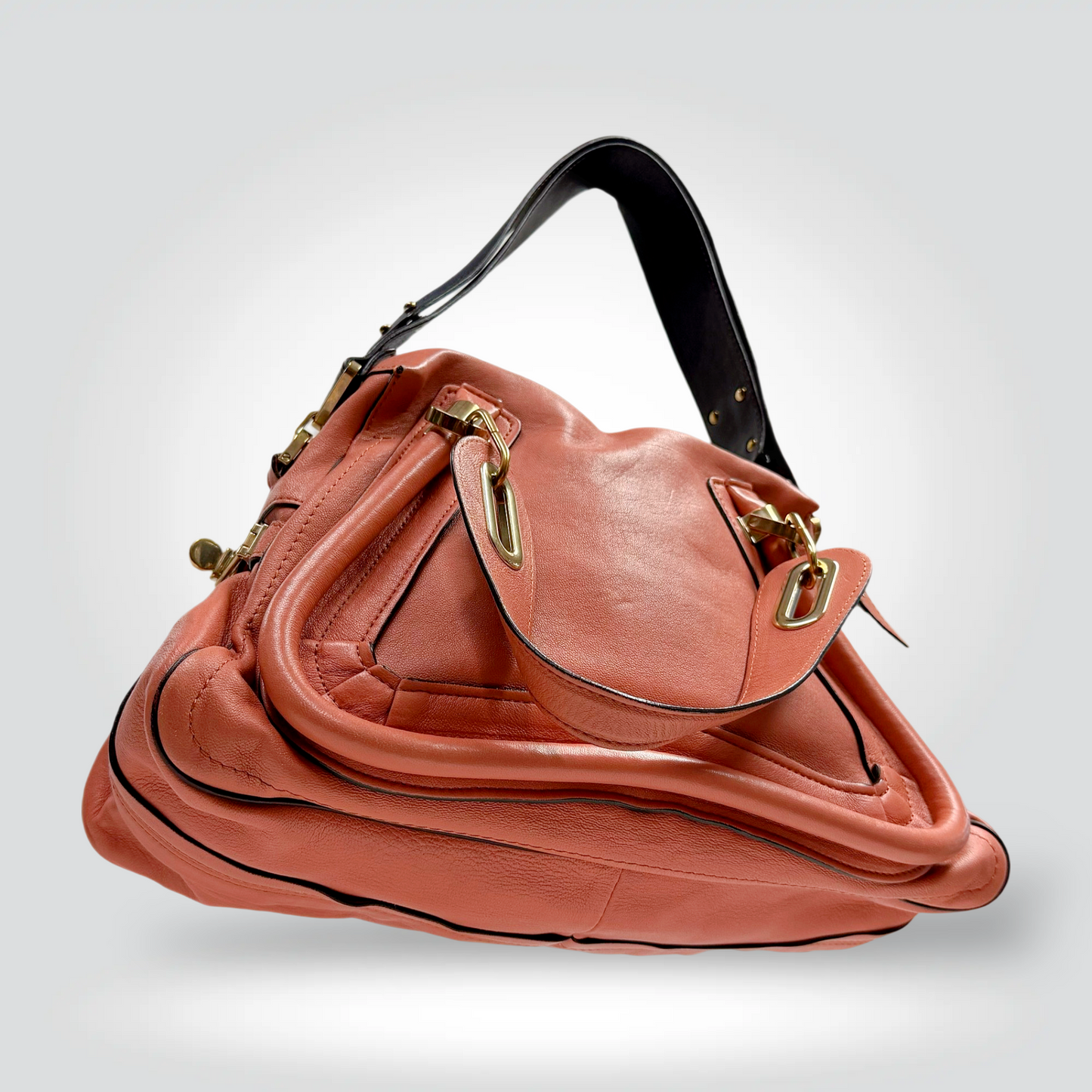 Chloé Paraty Bag Coral Salmon Pink Leather Gold Hardware Black Top Handle — [Very Good] | Style Reissue Vancouver