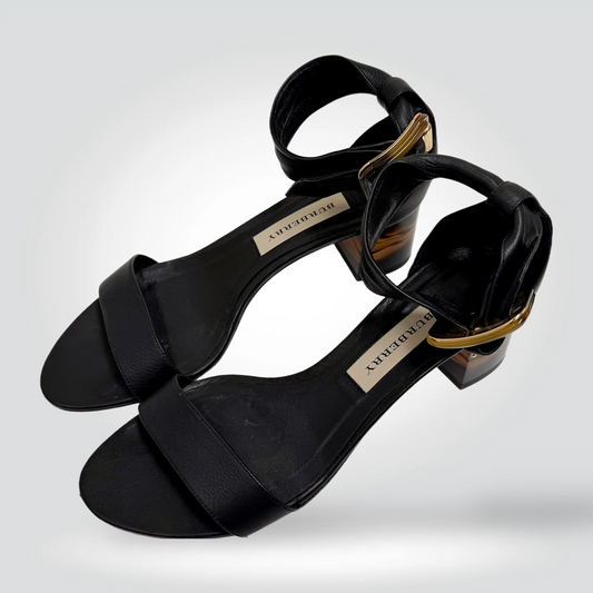 Burberry Black Leather Block Heel Sandals Gold Buckle Tortoiseshell Heel Ankle Strap — Size 37.5— Very Good | Style Reissue Vancouver