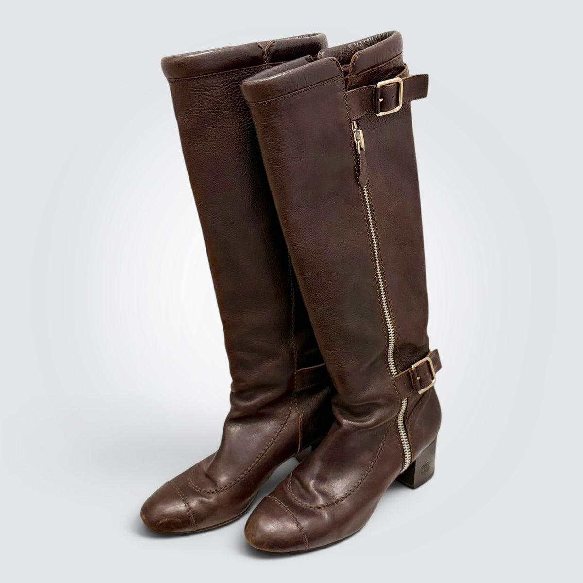 Pre-owned Chanel dark brown leather knee-high riding boots
