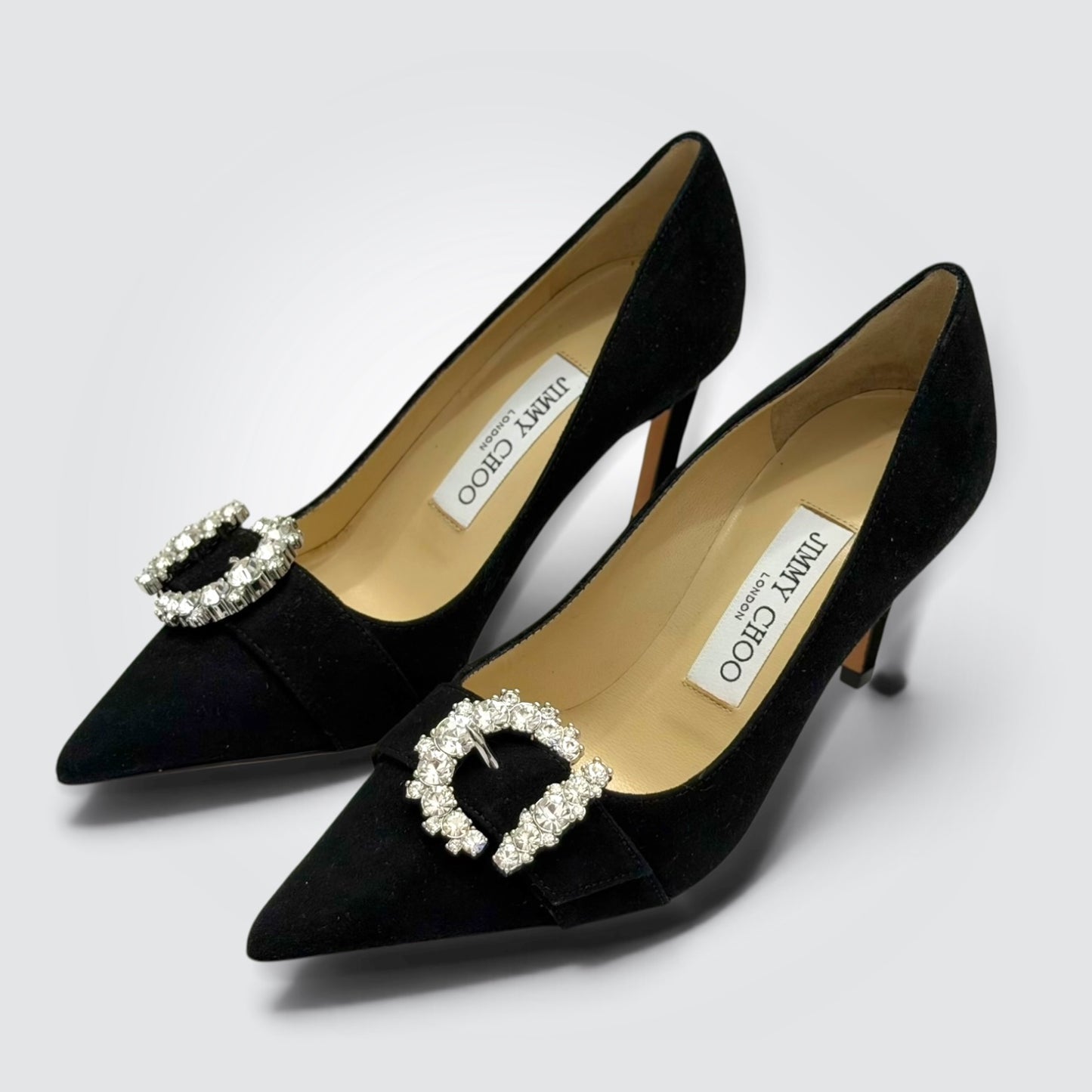 Pre-Owned Jimmy Choo Black Suede Crystal Buckle Pointed-Toe Pumps