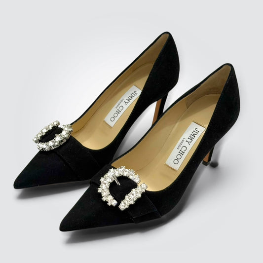 Pre-Owned Jimmy Choo Black Suede Crystal Buckle Pointed-Toe Pumps