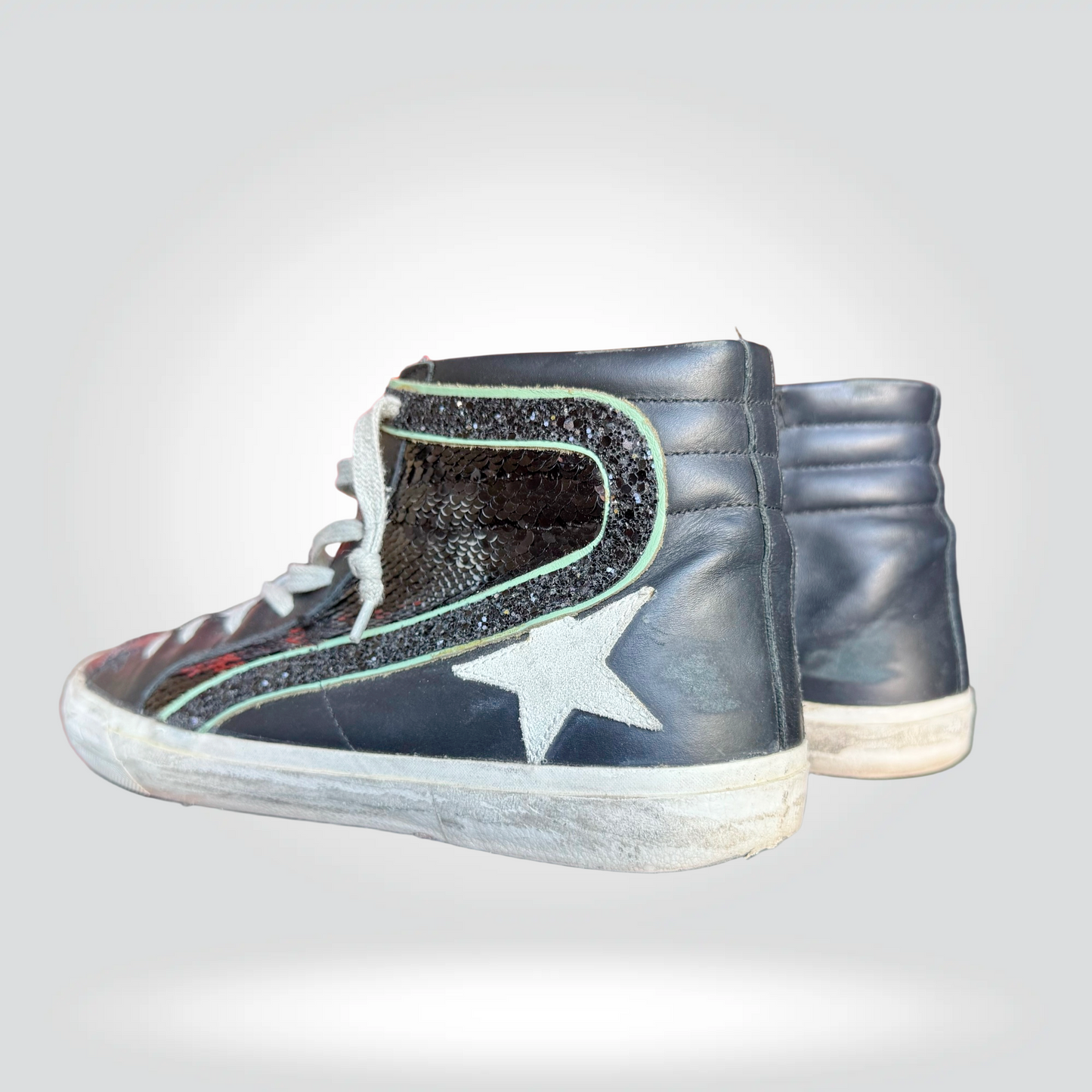 Golden Goose Super-Star High Top sneakers black leather glitter star neon green trim — Style Reissue Vancouver