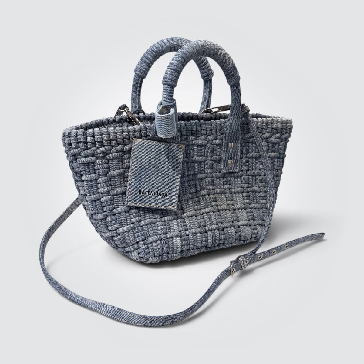 Pre-Owned Balenciaga Bistro XS Basket Bag Washed Frayed Denim Braided Silver Hardware — Style Reissue Vancouver