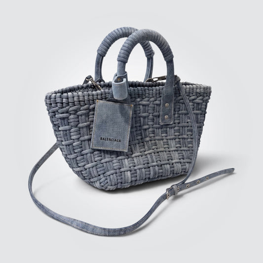 Pre-Owned Balenciaga Bistro XS Basket Bag Washed Frayed Denim Braided Silver Hardware — Style Reissue Vancouver