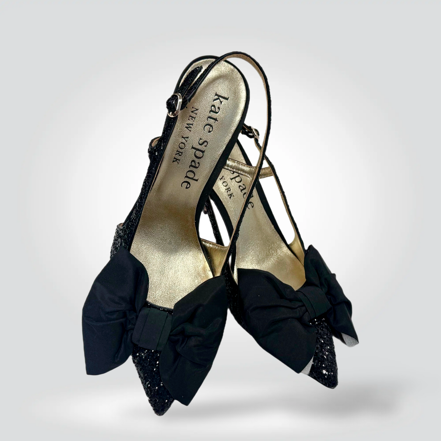 Kate Spade New York Glitter Slingback Heels Black Grosgrain Bow Pointed Toe — Size  39.5 Never Worn  Style Reissue Vancouver