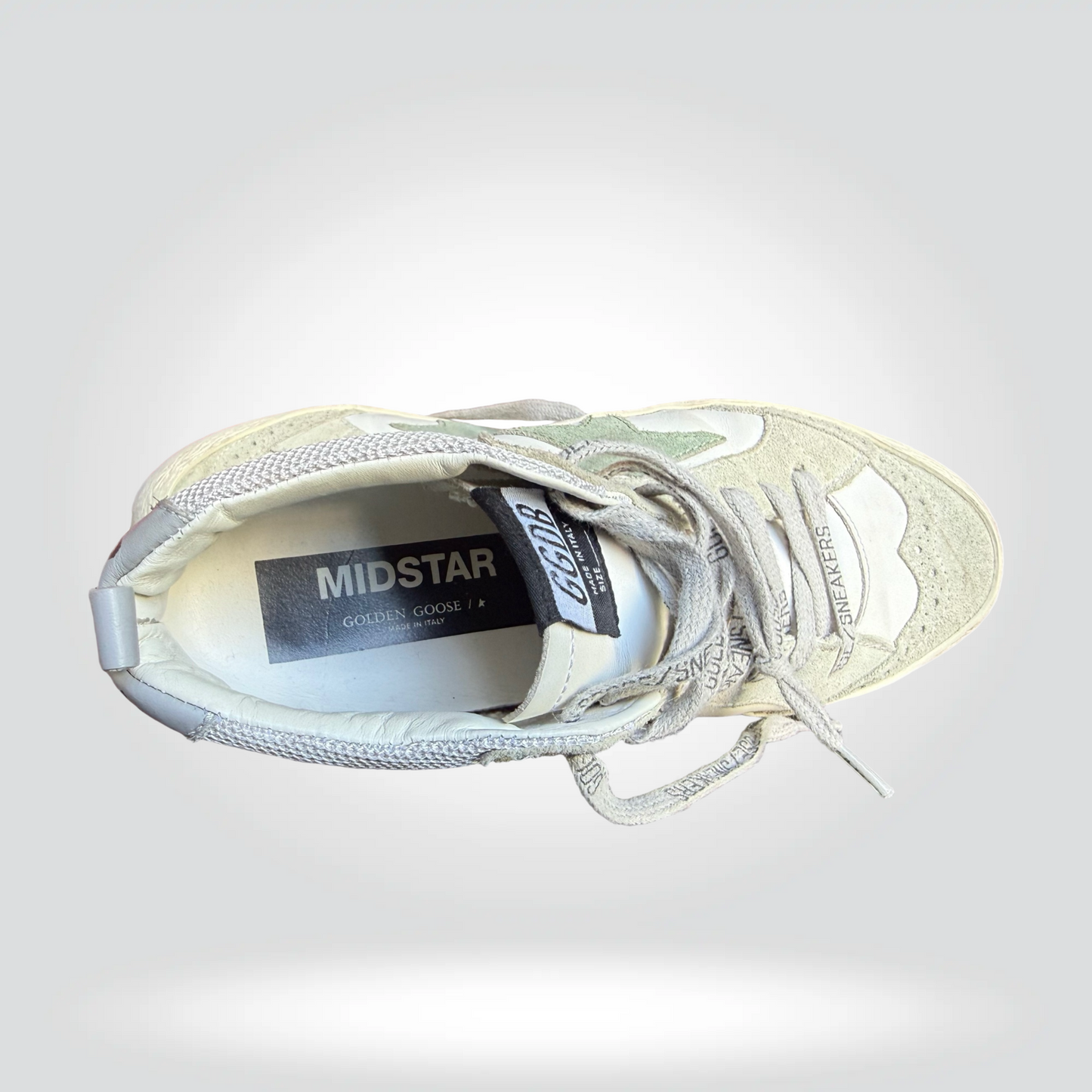 Golden Goose Mid Star Sneakers White Leather Green Star Silver Glitter Heel — Size 37— Good] | Style Reissue Vancouver