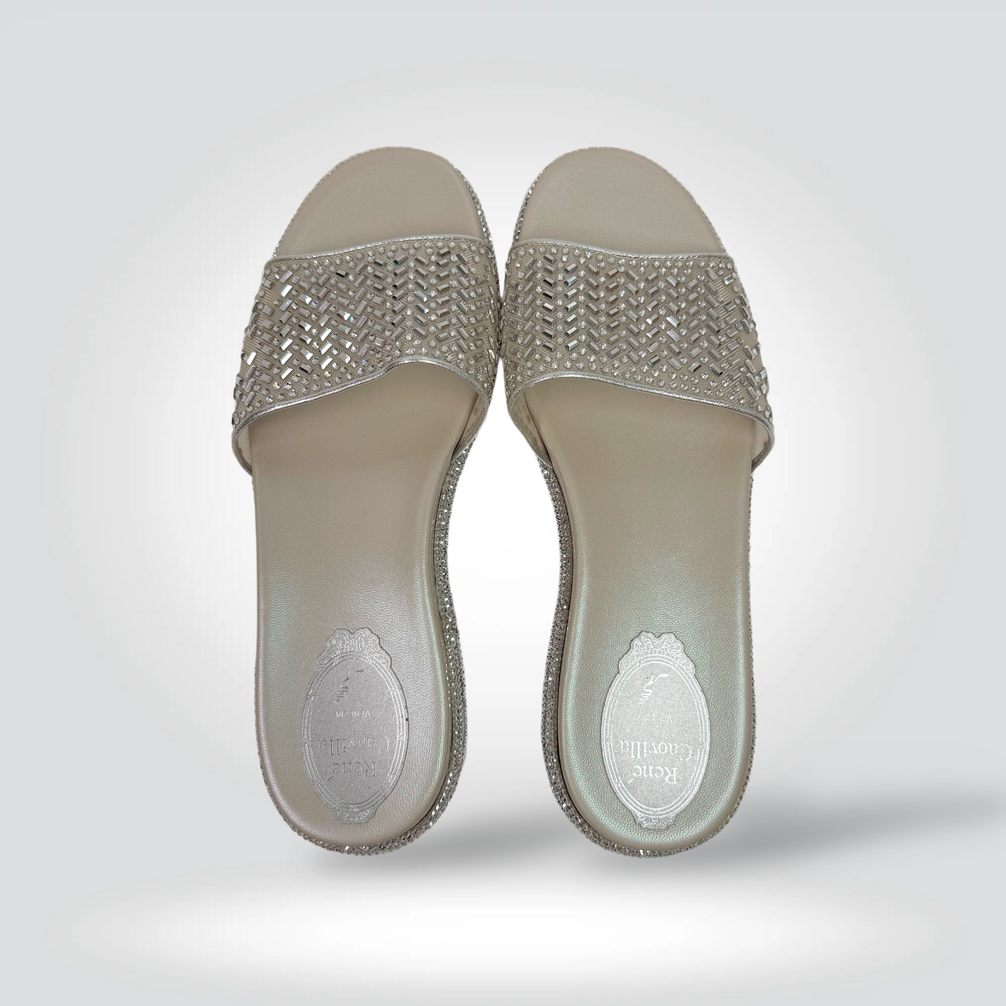 re-Owned René Caovilla Silver Embellished Woven Cut-Out Slide Sandals Flat — Size38 —Pristine  | Style Reissue Vancouver