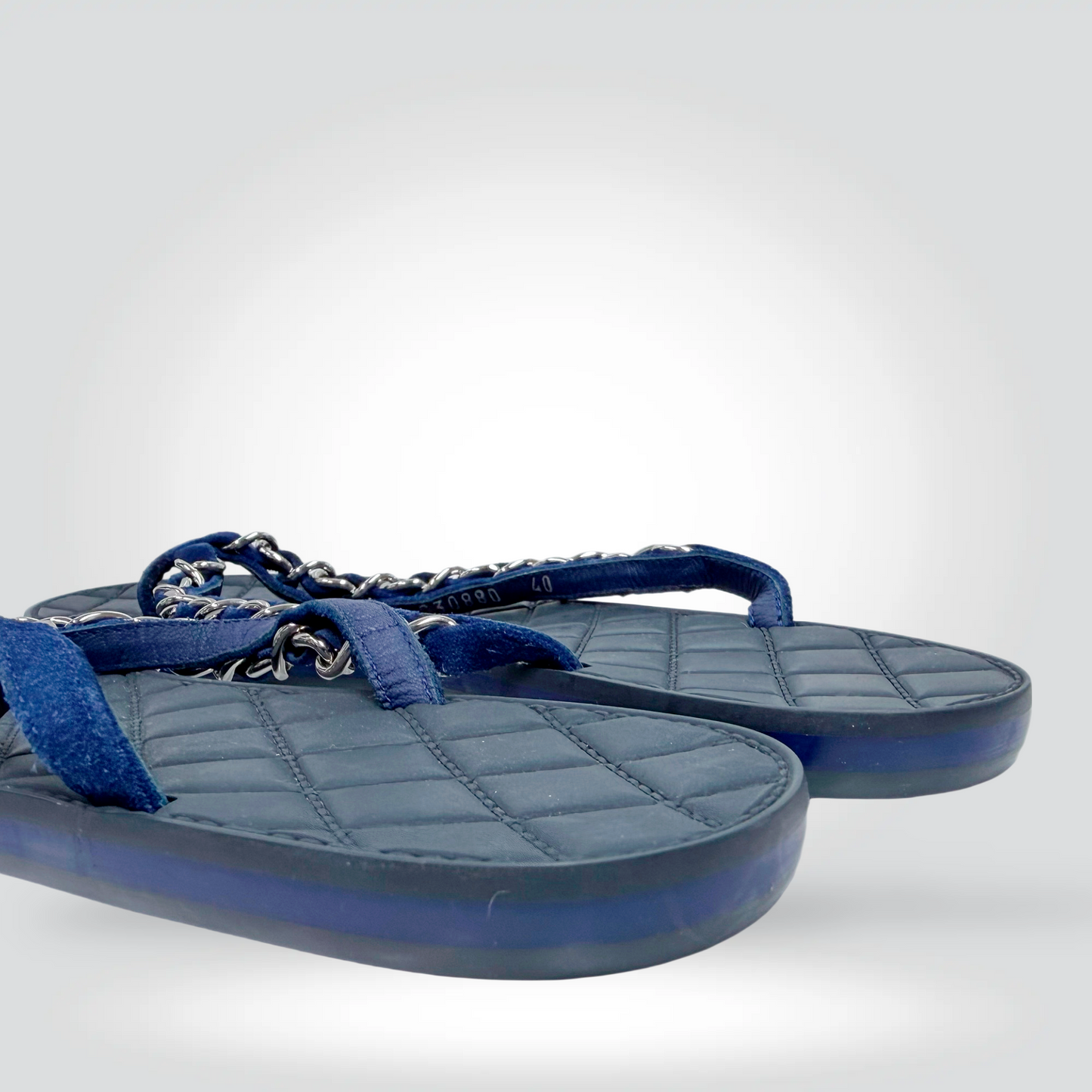 Chanel Coco Neige Chain thong Sandal Navy Blue Suede -Very Good |Stylereissue Vancouver