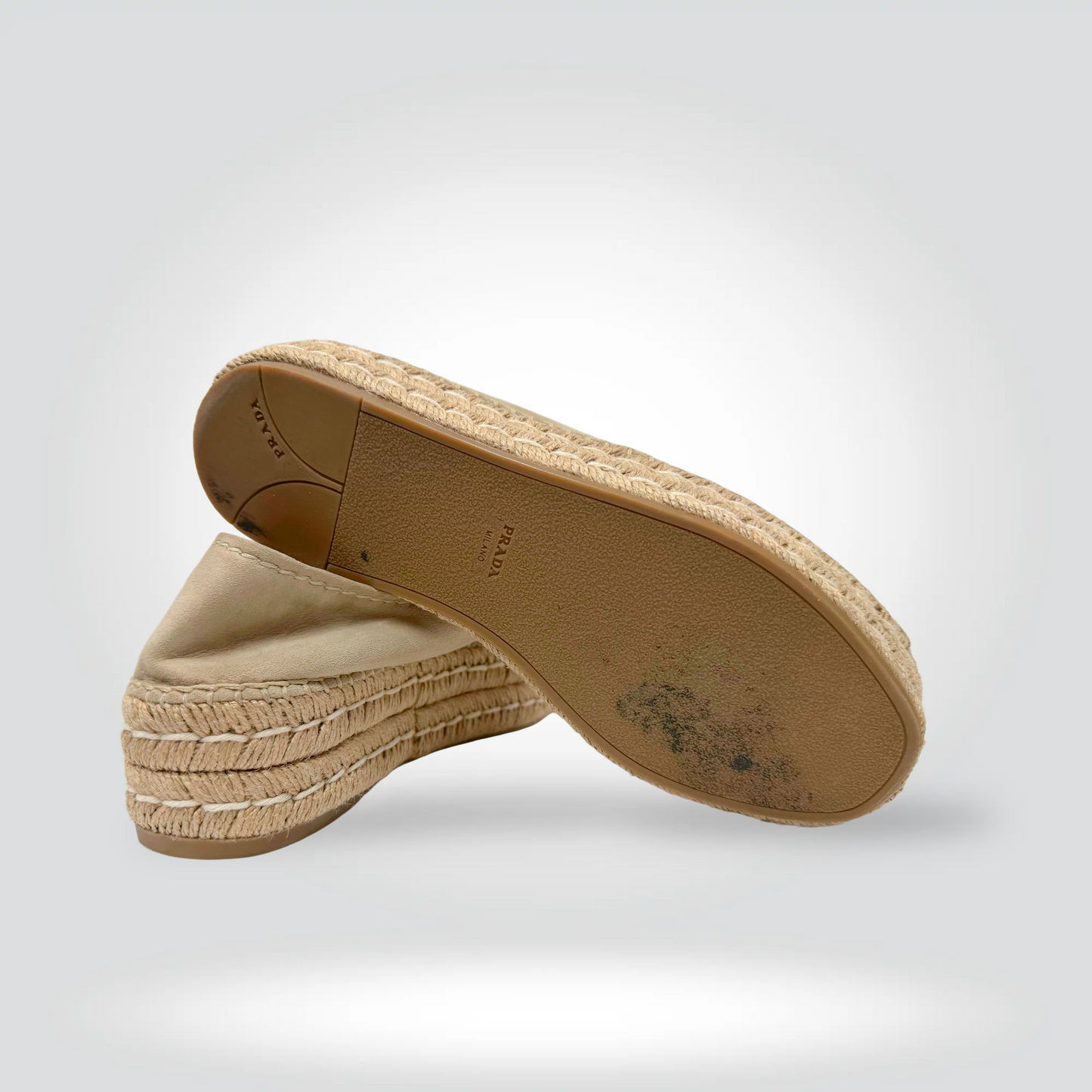 re-Owned Prada Quartz Open toe Beige  Suede Espadrille Flat Gold Footbed — Size 38 — Very Good | Style Reissue Vancouver