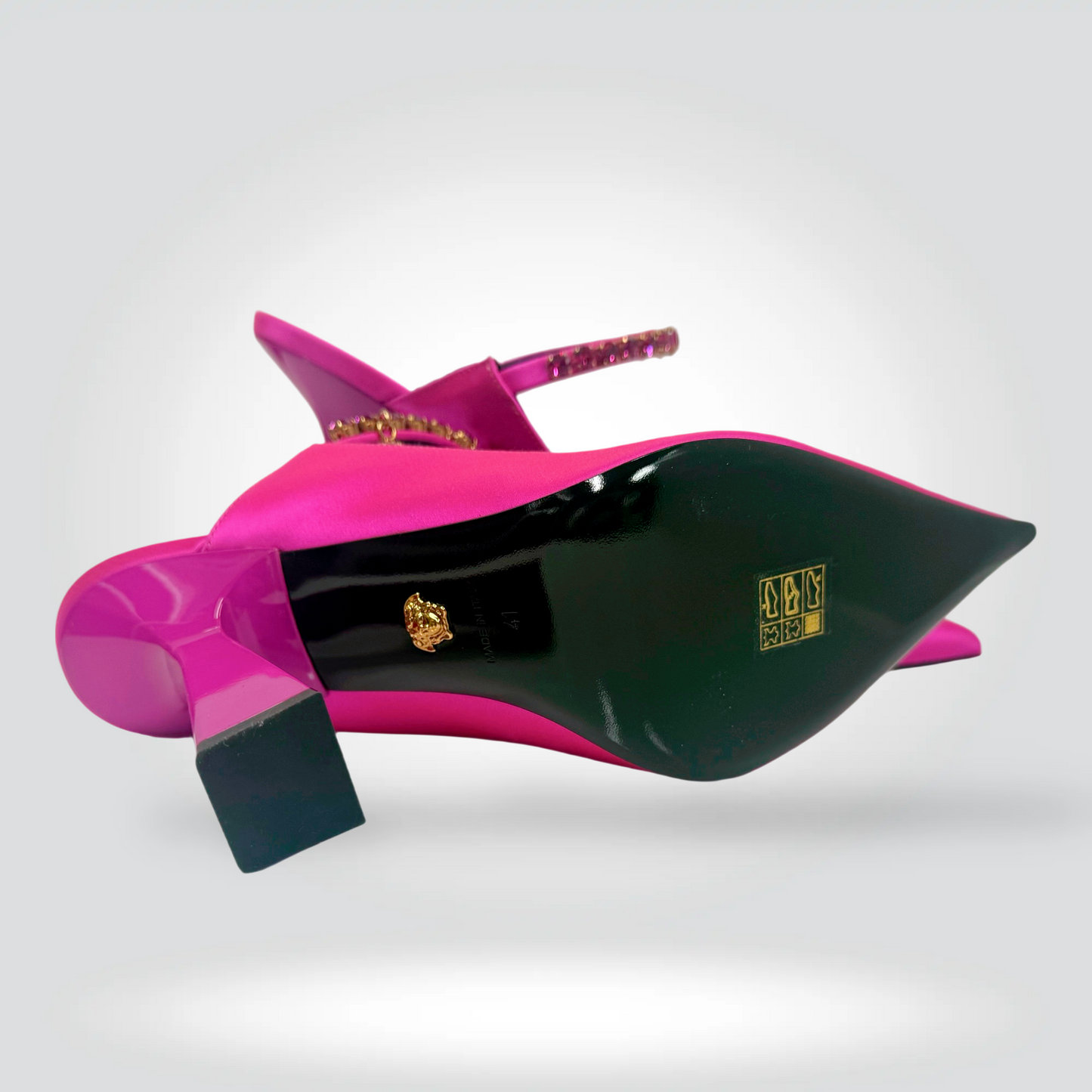 Versace Satin Stiletto Mules Hot Pink Crystal Jewelled Ankle Strap — Size 41— Never worn Style Reissue Vancouver