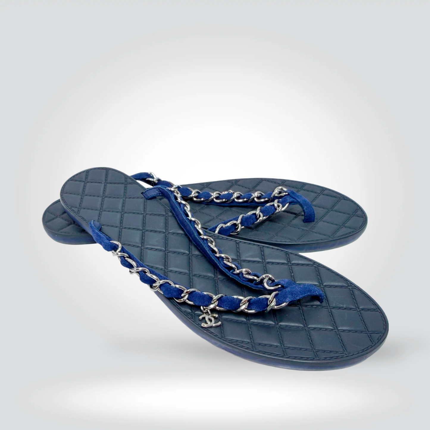 Chanel Coco Neige Chain thong Sandal Navy Blue Suede -Very Good |Stylereissue Vancouver