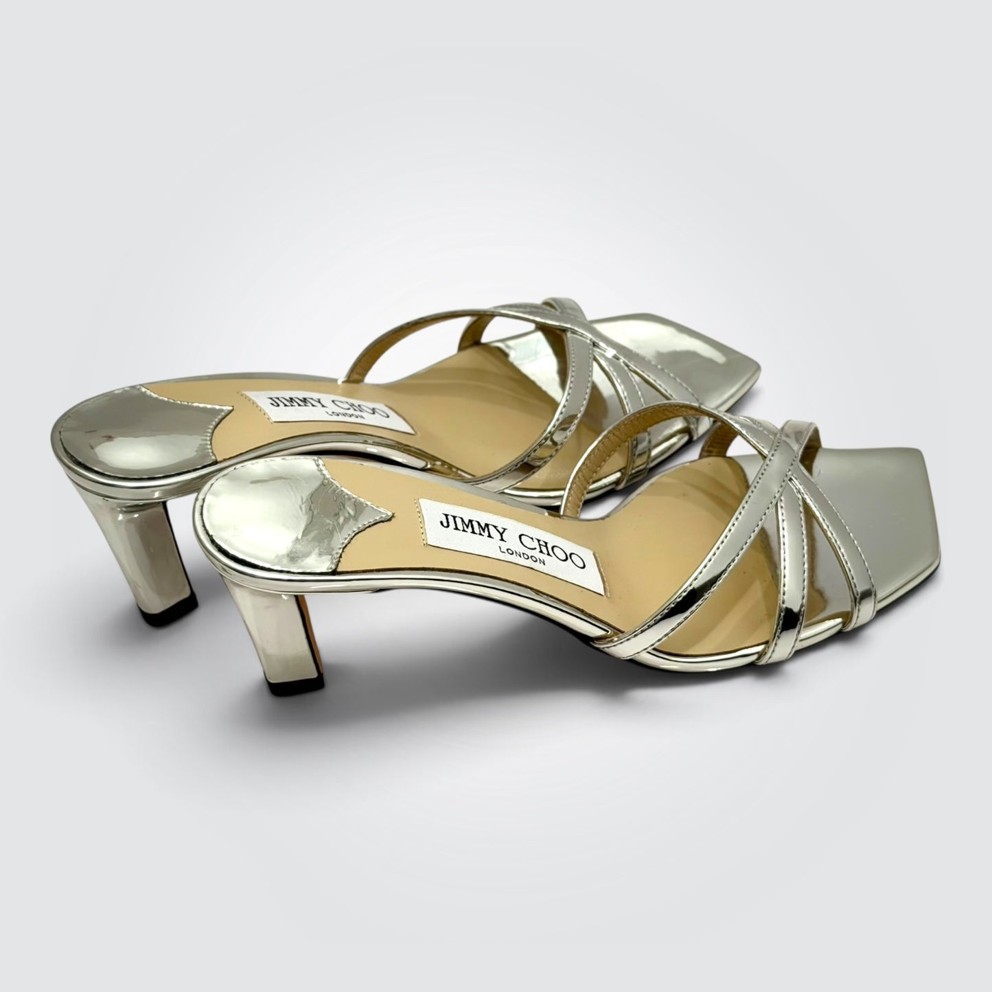 Pre-owned Jimmy Choo Anise silver mirror metallic strappy sandals
