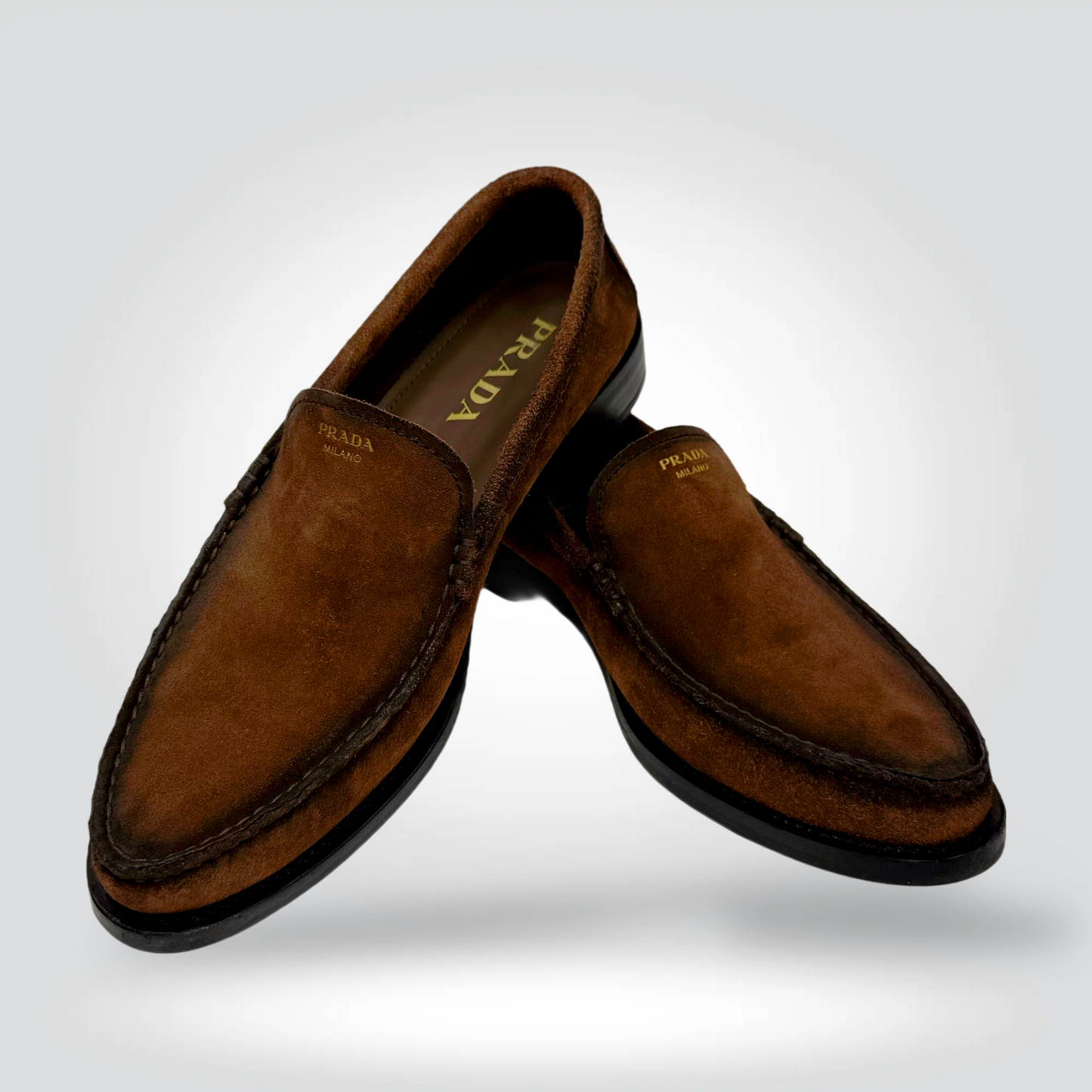 Prada Milano Suede Loafers Tobacco Brown Moccasin Whipstitch — Size 38,5—Excellent | Style Reissue Vancouver