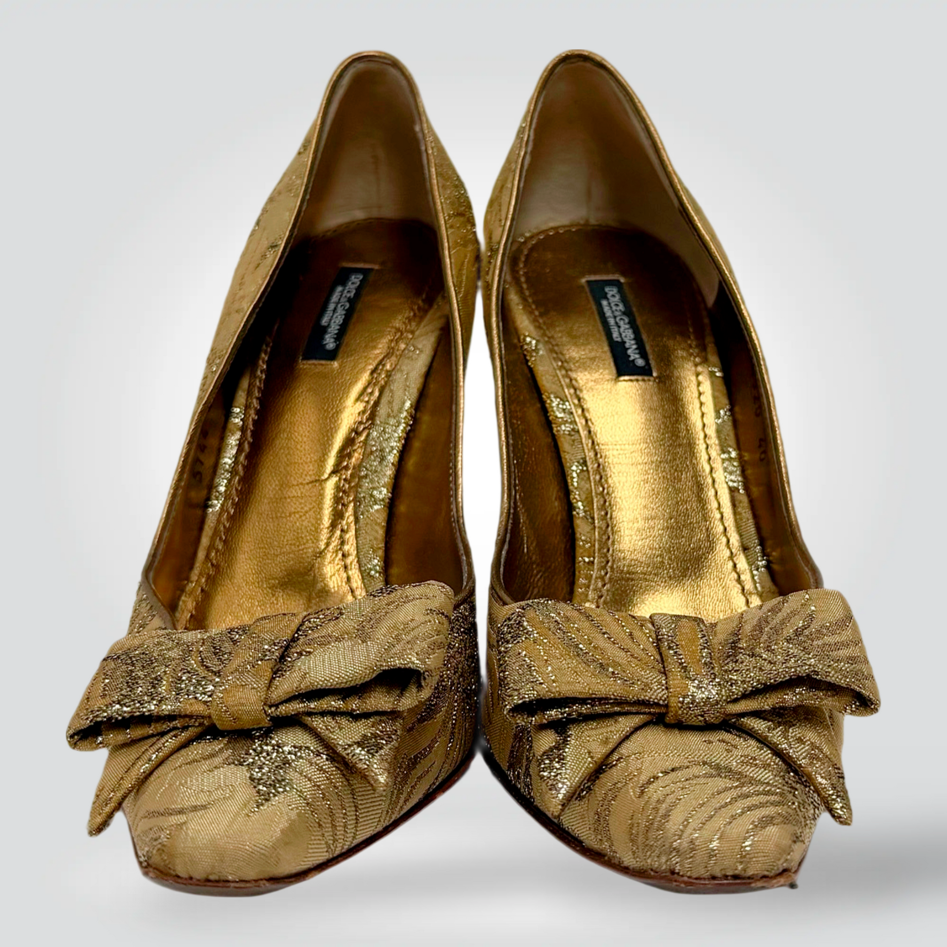 Pre-Owned Dolce & Gabbana gold brocade glitter bow pointed toe pump 4 inch heel — Style Reissue Vancouver