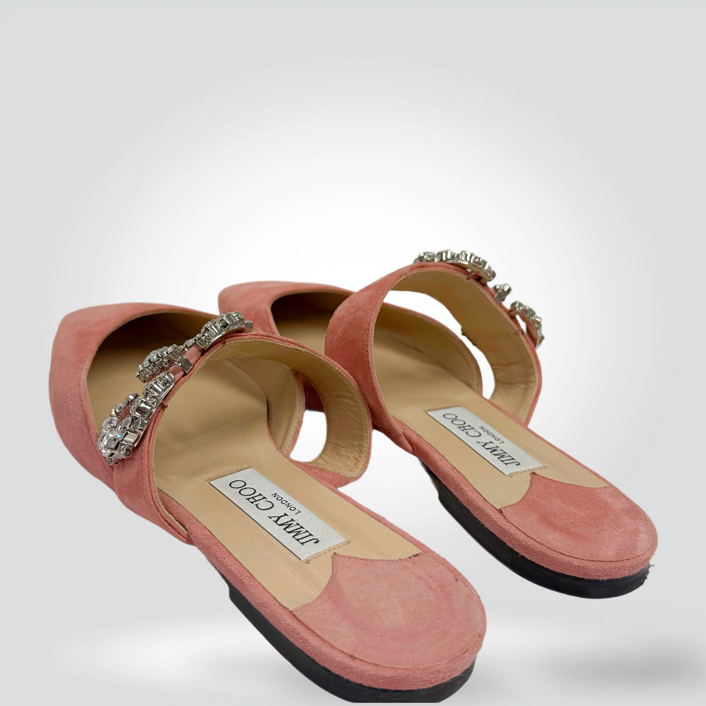 Jimmy Choo Suede Mules Blush Pink Crystal Embellished Buckle Strap Square Toe — Size 10 —Never worn | Style Reissue Vancouver