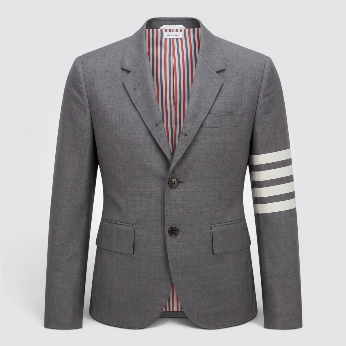 Pre-owned Thom Browne grey 100% wool single-breasted blazer with signature 4-bar stripe on left sleeve and RWB striped lining, size 7 / IT 42 — available at Style Reissue Vancouver