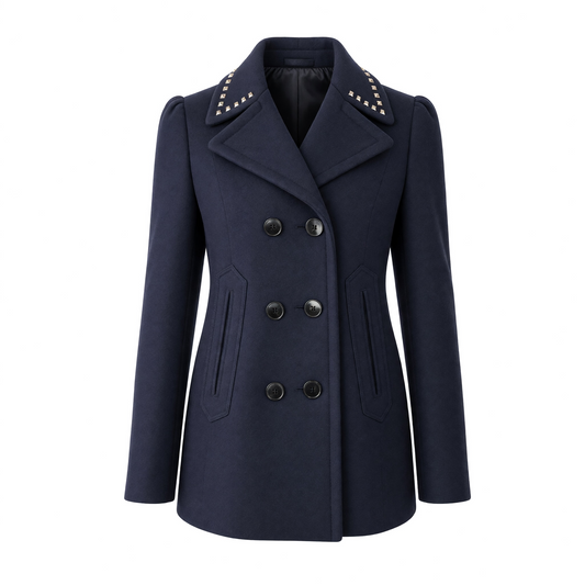 Pre-Owned Valentino Navy Blue Rockstud Wool Peacoat with Studded Lapels | Style Reissue Vancouver