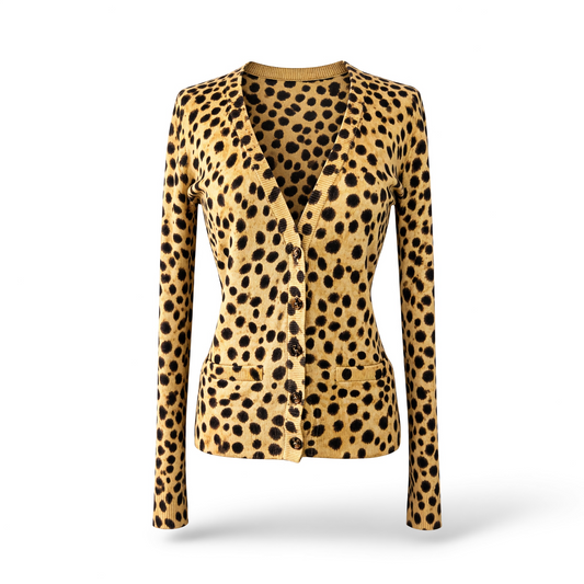 Pre-owned Dolce & Gabbana brown leopard-print 100% cashmere V-neck cardigan with button closure and front patch pockets, size IT 40, made in Italy