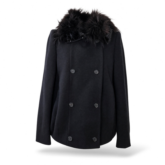 Pre-owned Prada Fall Winter 2009 black double-breasted wool pea coat with a dyed Asiatic raccoon and mink fur collar, size IT 42, made in Italy