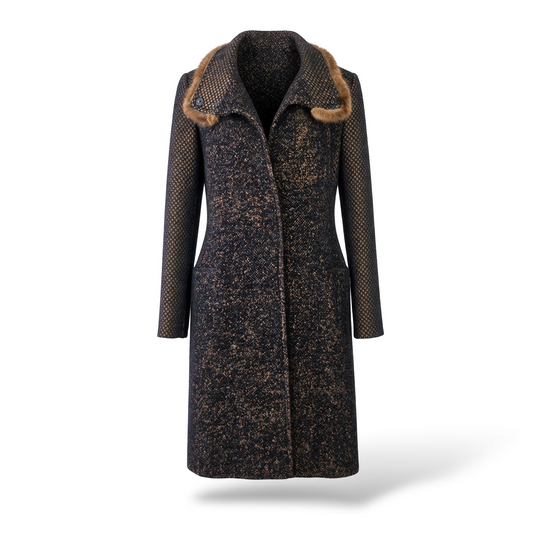 Pre-owned Etro Milano black long wool faux fur coat with dyed mink fur trim, stand collar, slit pockets, and snap-button closure, size IT 38, made in Italy