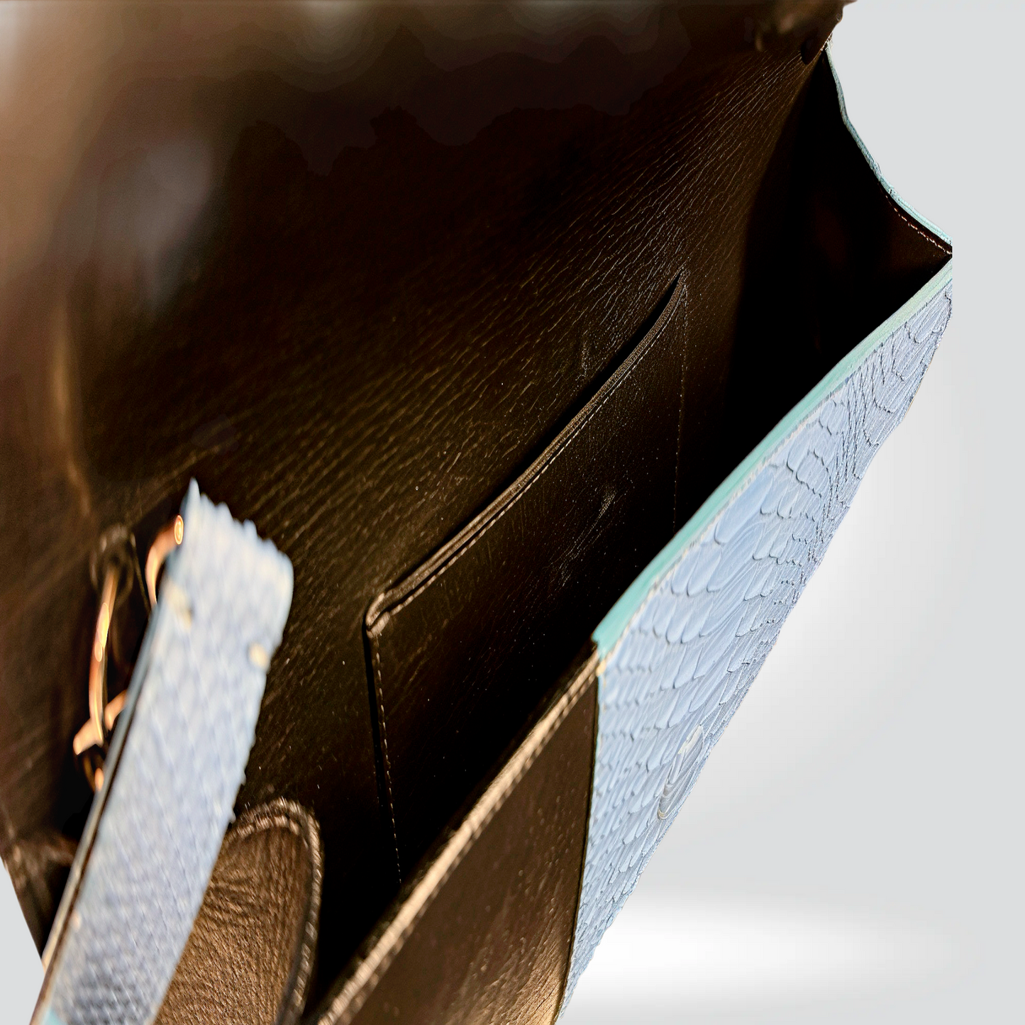 Yigal Azrouël Two-Tone Clutch Blue Python Embossed Dark Brown Leather Wrist Strap Excellent| Style Reissue Vancouver