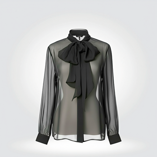 Saint Laurent sheer black chiffon blouse pussy bow tie long sleeve button front — Style Reissue Vancouver