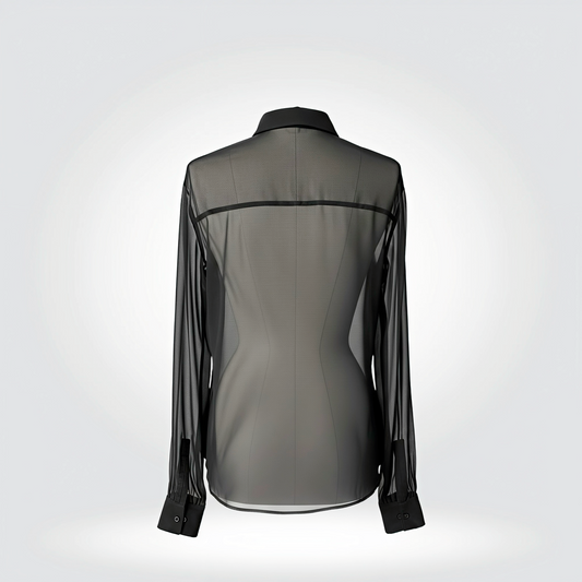 Saint Laurent Sheer Black Chiffon Blouse Pussy Bow Tie Long Sleeve — Size L— [Very Good ] | Style Reissue Vancouver