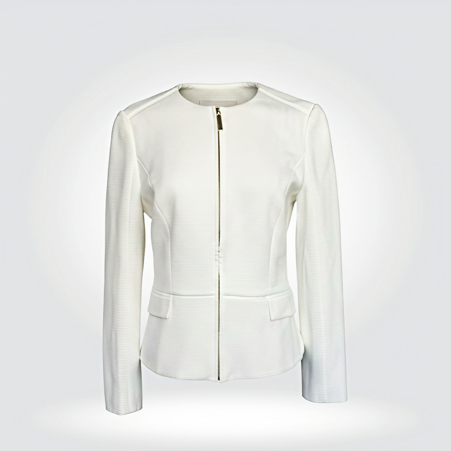Hugo Boss white structured zip-front jacket collarless gold zip welt pockets — Style Reissue Vancouver