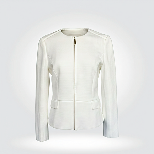 Hugo Boss white structured zip-front jacket collarless gold zip welt pockets — Style Reissue Vancouver