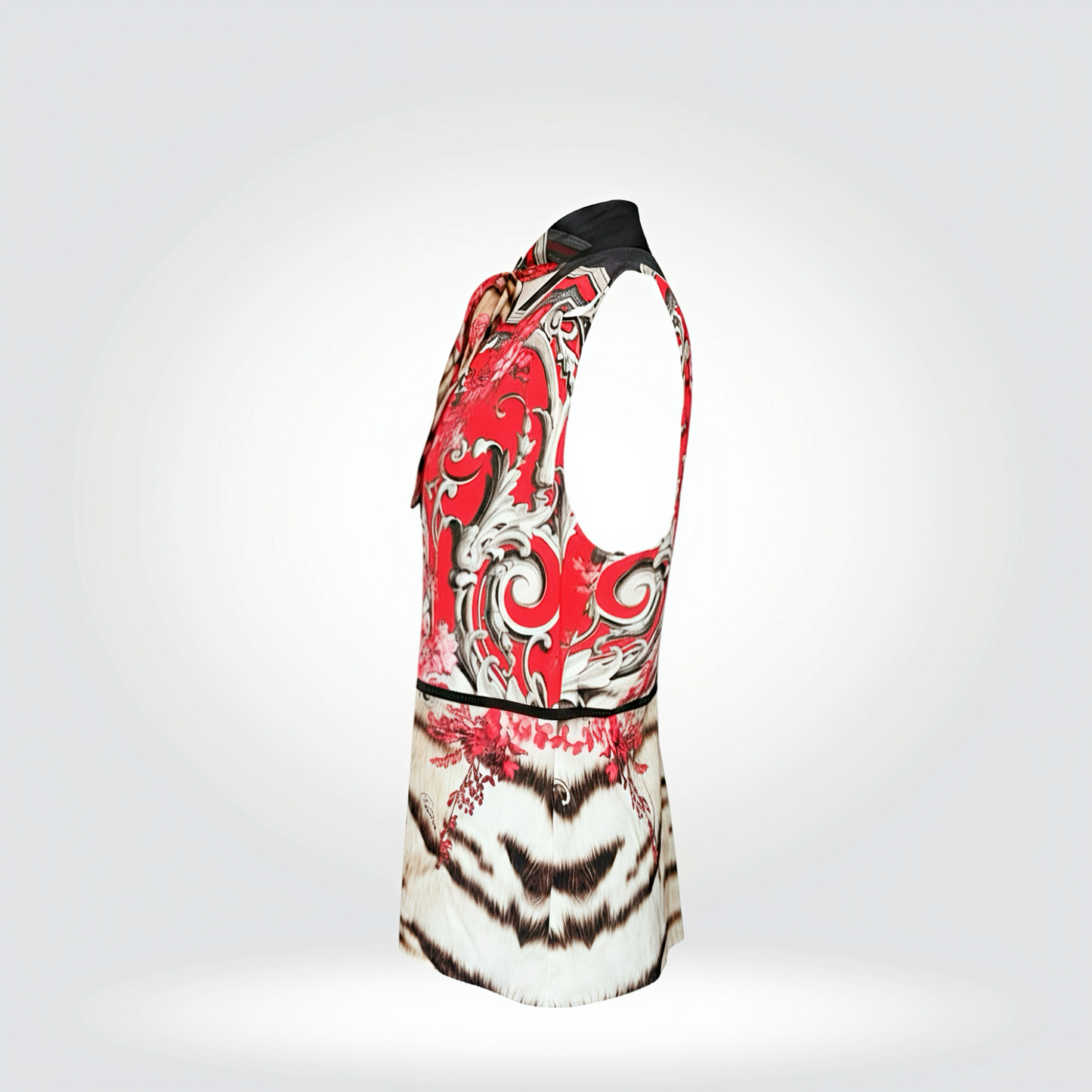Roberto Cavalli Mixed Print Sleeveless Vest Tiger Baroque Floral Red Black Self-Tie Bow — Size 48 — Very Good | Style Reissue Vancouver