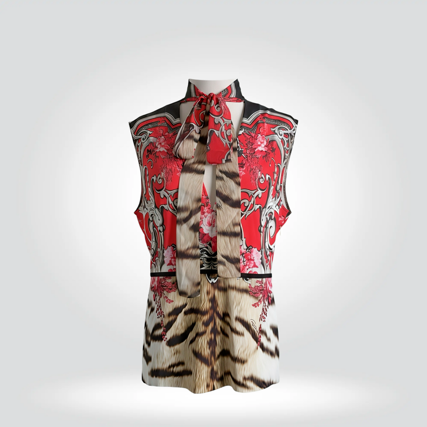 Roberto Cavalli mixed print sleeveless vest tiger baroque floral red black self-tie bow — Style Reissue Vancouver
