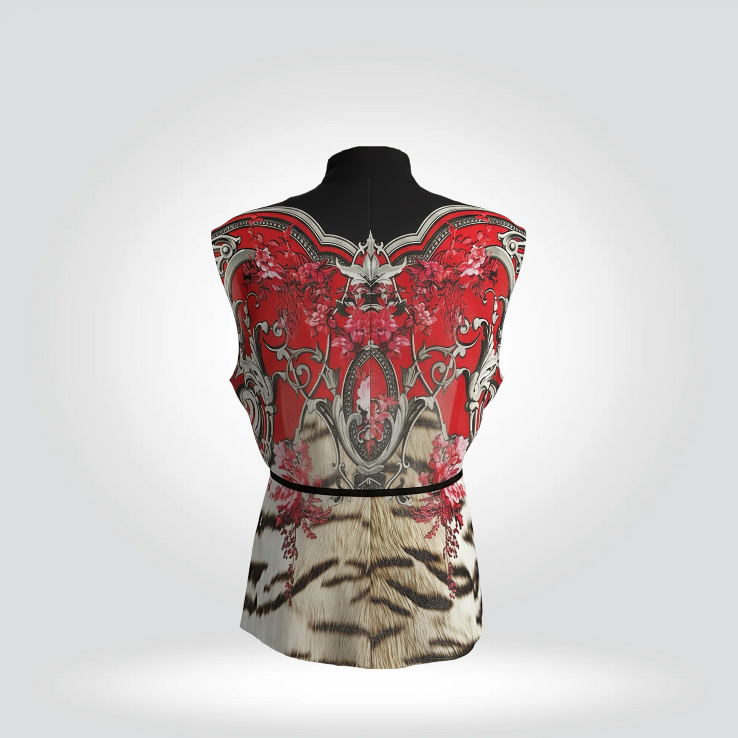 Roberto Cavalli Mixed Print Sleeveless Vest Tiger Baroque Floral Red Black Self-Tie Bow — Size 48 — Very Good | Style Reissue Vancouver
