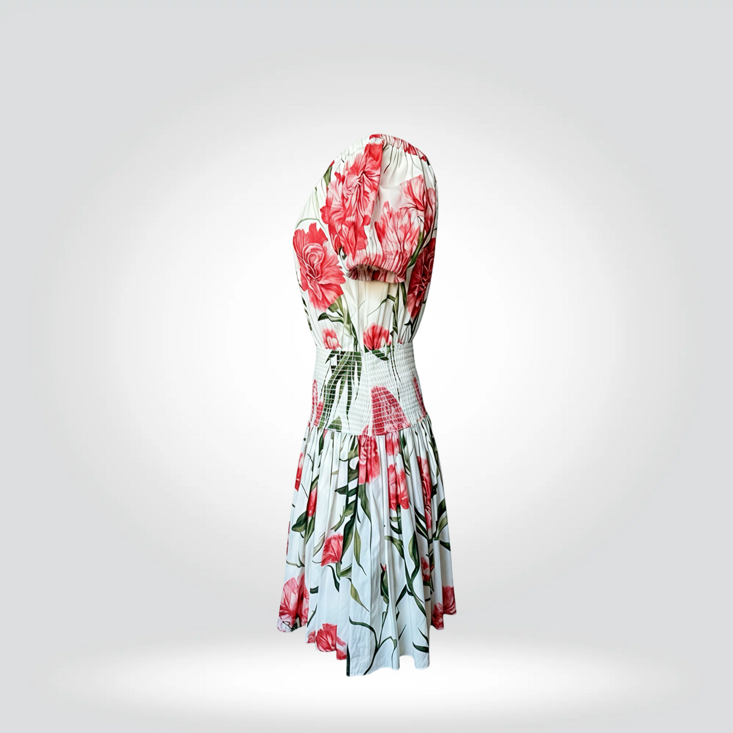 Dolce & Gabbana Floral Print Midi Dress White Pink Carnation Puff Sleeve Smocked Waist — Size 44 — Good | Style Reissue Vancouver